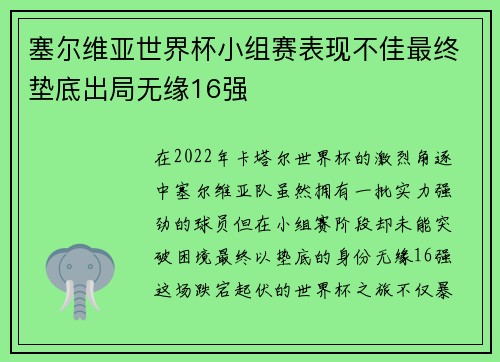 塞尔维亚世界杯小组赛表现不佳最终垫底出局无缘16强